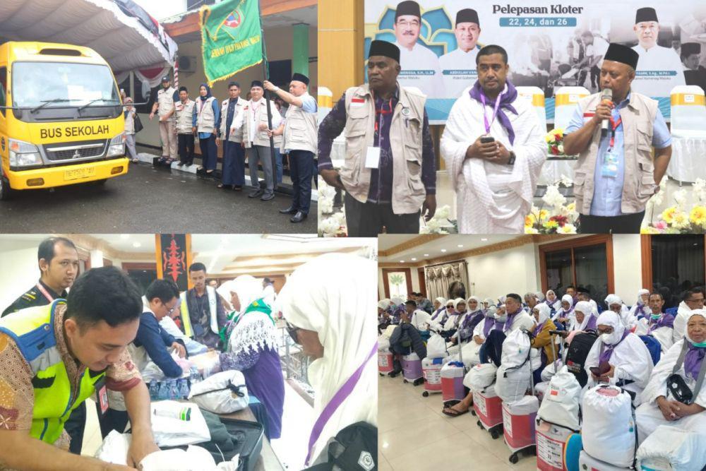 Jemaah haji asal Provinsi Maluku tergabung dalam Embarkasi Makassar, transit di Bandara Internasional Sultan Hasanuddin Makassar sebelum terbang ke Jeddah, Arab Saudi, Jumat (16/5/2025). (Dok. Kemenag Maluku))