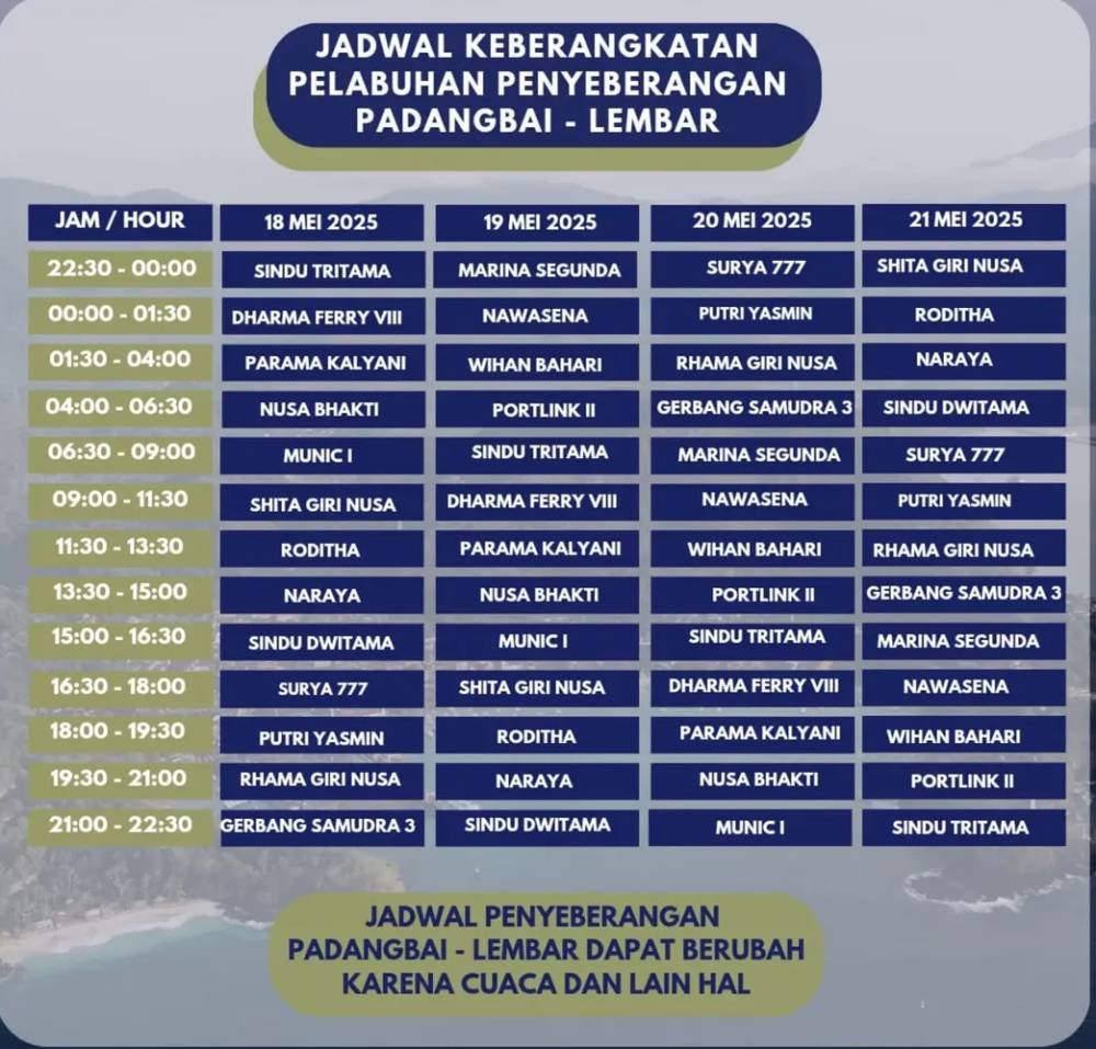 Jadwal penyeberangan Pelabuhan Padang Bai-Lembar. (Instagram.com/Satpelpelabuhanpadangbai)
