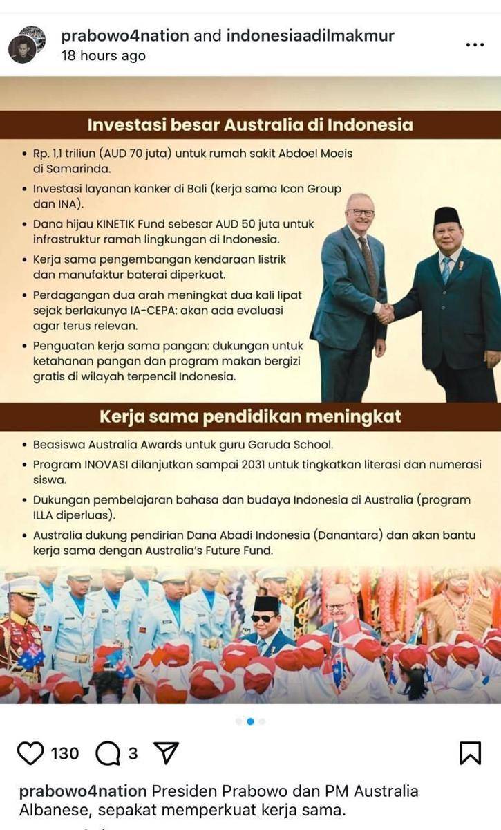 Pertemuan bilateral pertama antara Presiden RI Prabowo Subianto dan Perdana Menteri Australia Anthony Albanese di Melbourne pada 15 Mei 2025 menghasilkan sejumlah kesepakatan strategis. Media sosial Prabowo Subianto