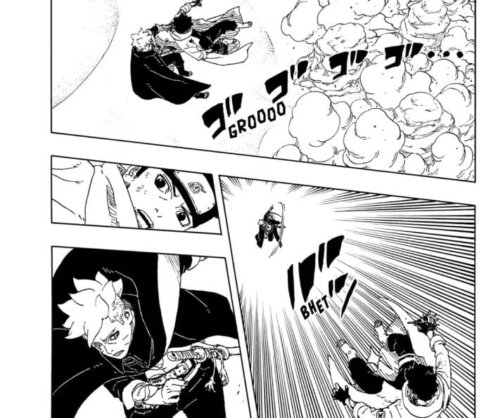 Jura yang berusaha mencuri Togedama Matsuri dihalangi oleh Boruto/mangaplus.shueisha.co.jp