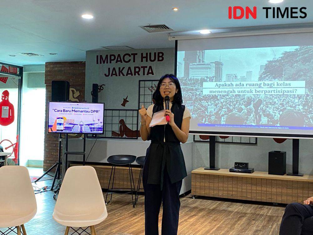 CEO Think Policy Indonesia, Afutami, pada sambutan peluncuran platform Bijak Memantau (Dok. Daffa Ulhaq)
