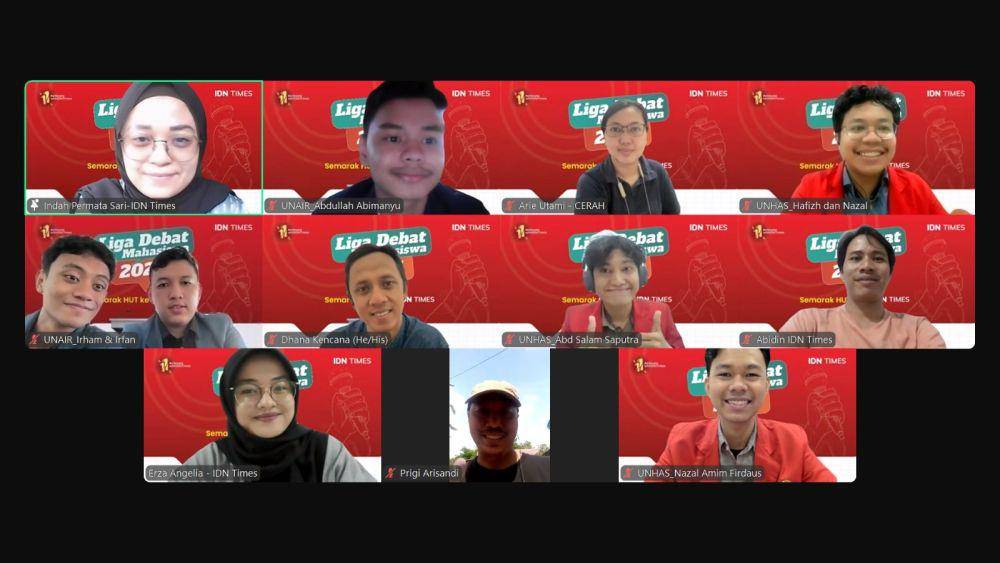 Mahasiswa Universitas Airlangga (Unair) dan Universitas Hasanuddin (Unhas) telah bertarung dalam Liga Debat Mahasiswa 2025 IDN Times. (IDN Times/Abidin)