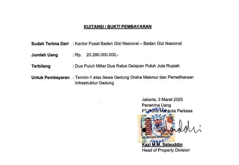 Kwitansi pembayaran Gedung Graha Makmur termin pertama, Gedung Graha Makmur bakal menjadi kantor Badan Gizi Nasional. (Dok.Istimewa)