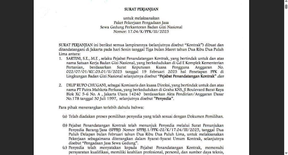 Tangkapan layar Surat Perjanjian melaksanakan paket pekerjaan pengadaan jasa sewa Gedung Perkantoran Badan Gizi Nasional. (Dok.Istimewa)