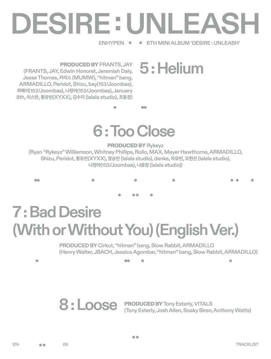 tracklist album DESIRE : UNLEASH milik ENHYPEN (x.com/BELIFTLAB)