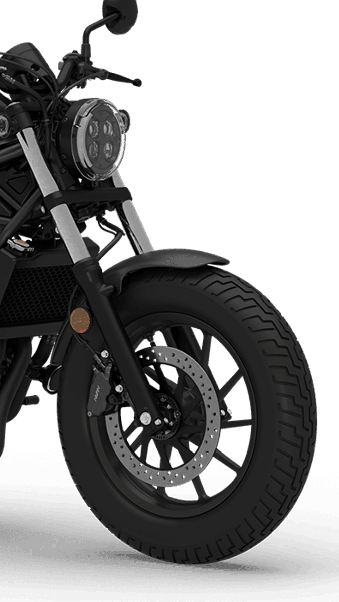 Ilustrasi Suspensi depan teleskopik dan cakram rem depan dengan ABS Motor Honda Rebel 500 (hondabigwing.in)