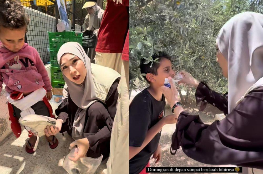 7 Potret Zaskia Adya Mecca di Kamp Palestina, Sigap Tolong Anak-anak!