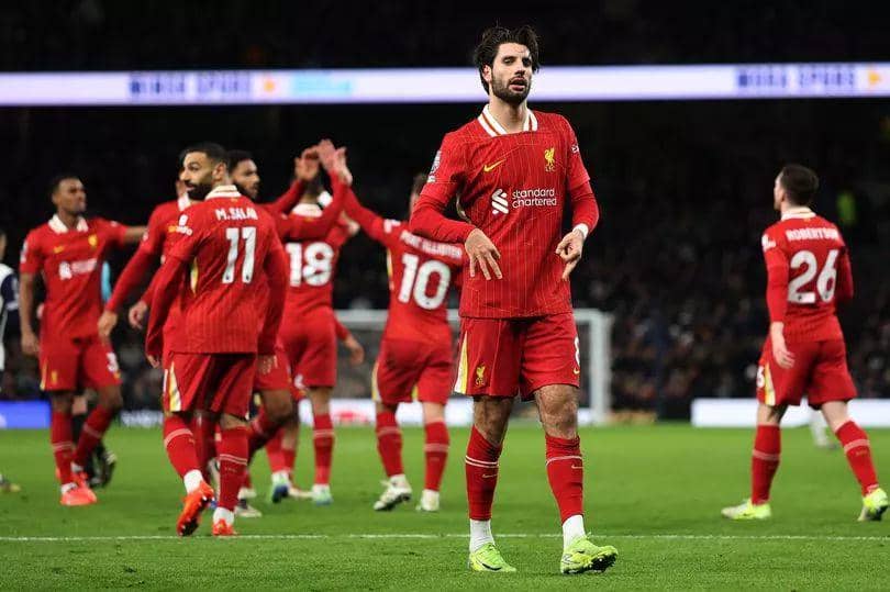 potret Dominik Szoboszlai melakukan selebrasi usai mencetak gol ke gawang Spurs (liverpool.com)