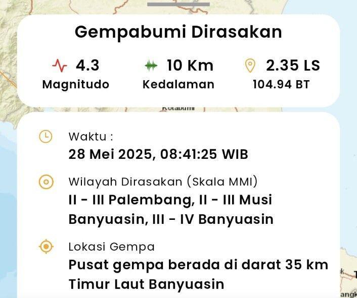 Banyuasin Gempa Tektonik Magnitudo 4,3 Tanpa Korban Jiwa
