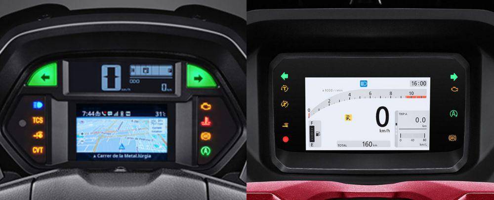 ilustrasi speedometer Yamaha NMAX TURBO TECHMAX (yamaha-motor.co.id) | ilustrasi speedometer Honda PCX 160 RoadSync (astra-honda.com)