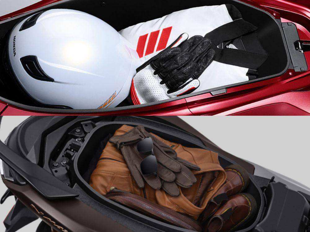 ilustrasi bagasi Honda PCX 160 RoadSync (atas) (astra-honda.com) | ilustrasi bagasi Yamaha NMAX TURBO TECHMAX (bawah) (yamaha-motor.co.id)
