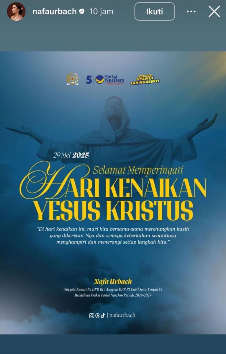 Ucapan artis Kenaikan Isa Almasih 2025 (instagram.com/nafaurbach)