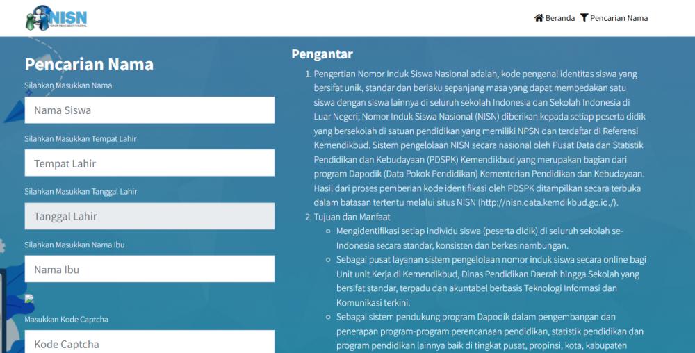 tampilan laman resmi pencarian NISN (nisn.data.kemdikbud.go.id)