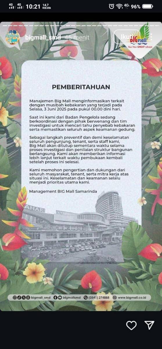Pengumuman penutupan sementara operasi Big Mall Samarinda. Foto istimewa