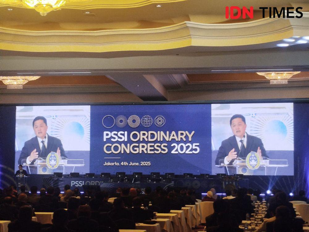 Ketua Umum PSSI, Erick Thohir, dalam Kongres Biasa, Rabu (4/6/2025) (IDN Times / Sandy Firdaus)