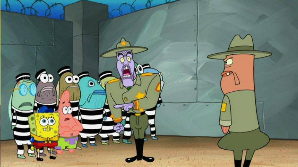 SpongeBob dan Patrick bergabung dengan para tahanan di Pulau Inferno (dok. Nickelodeon/SpongeBob SquarePants)