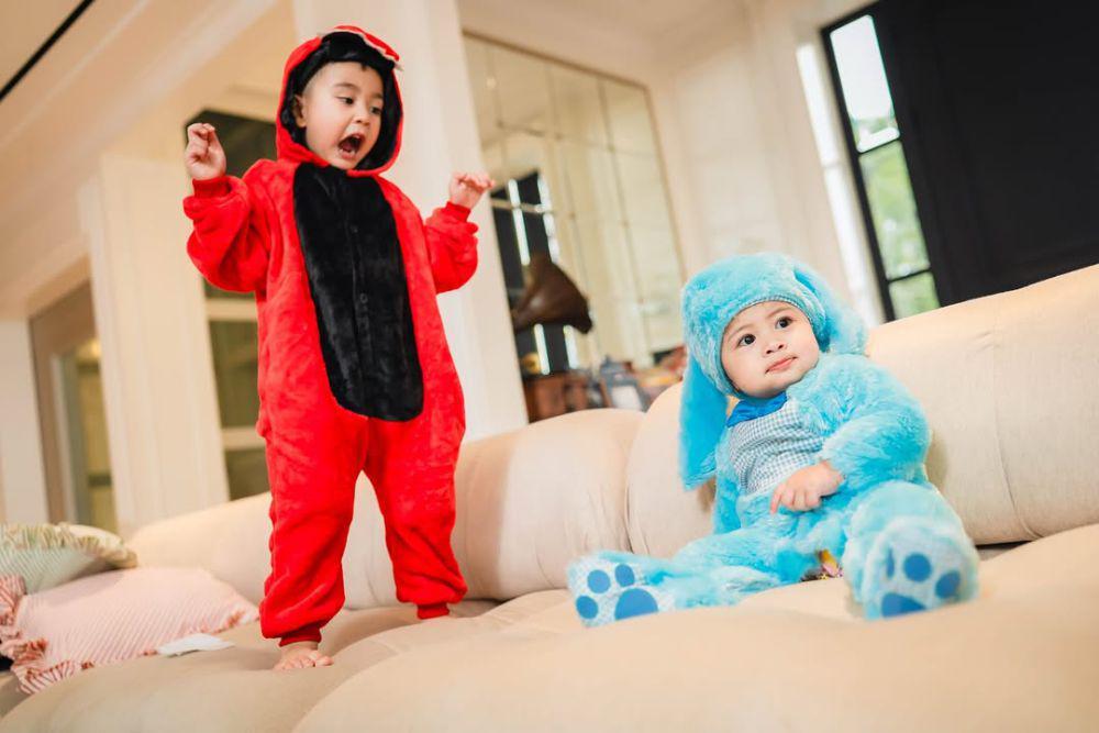 8 Potret Rayyanza dan Baby Lily pakai Kostum Dinosaurus dan Kelinci