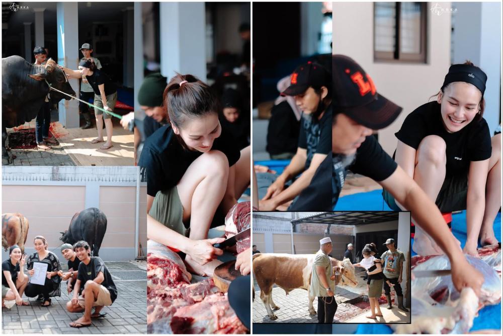 10 Potret Ayu Ting Ting jadi Tukang Potong Daging di Hari Raya Idul Adha, Happy!