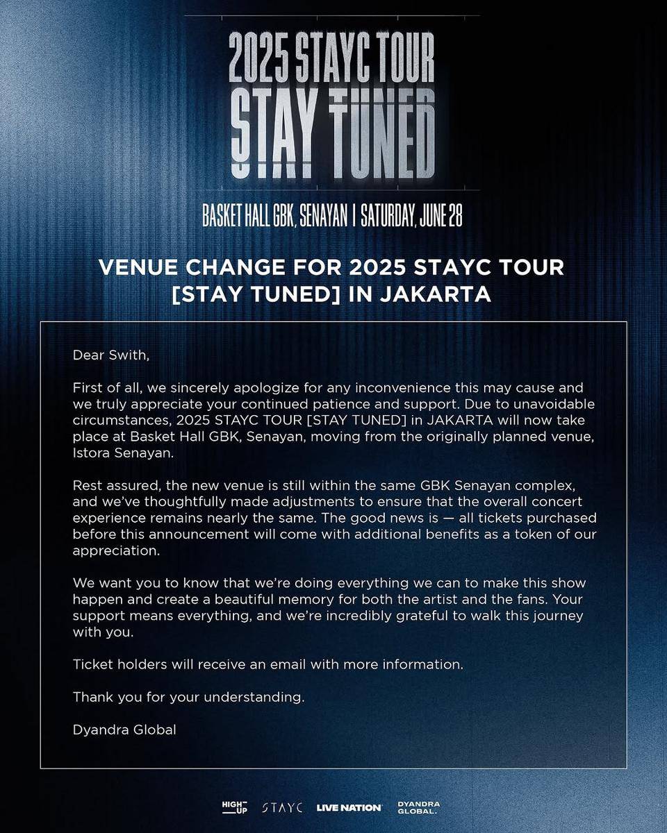 poster pengumuman pemindahan venue STAYC (instagram.com/dyandraglobal)