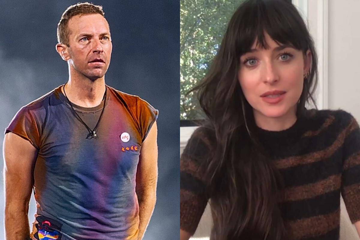 Chris Martin bersama Coldplay saat manggung di Stadion Wembley pada Agustus 2022 dan Dakota Johnson (commons.wikimedia.org/Raph_PH | commons.wikimedia.org/Margaret Gardiner)