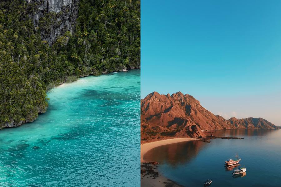 Potret pantai di Raja Ampat (unsplash.com/homaily) | Potret pantai di Labuan Bajo (unsplash.com/bagirbahana)