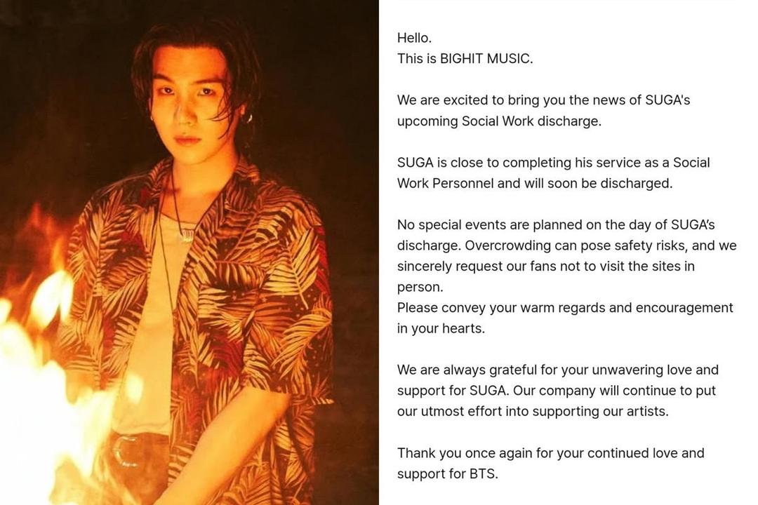 SUGA Segera Selesai Wamil, Agensi Rilis Pernyataan 