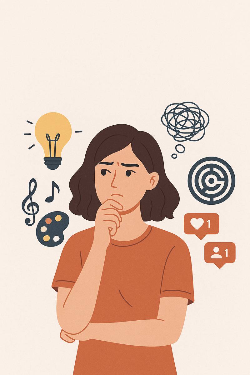 Ilustrasi seorang wanita yang tampak berpikir serius, dikelilingi simbol kreativitas, media sosial, dan kebingungan, merefleksikan dilema pengambilan keputusan.