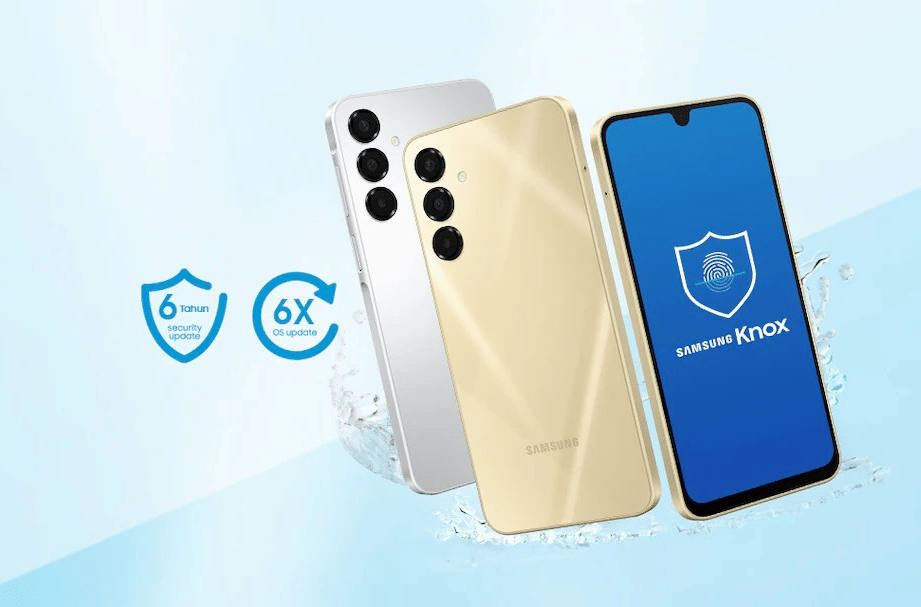 Samsung Galaxy A16 5G berwarna emas dan perak dengan layar menampilkan logo Samsung Knox, dikelilingi percikan air.