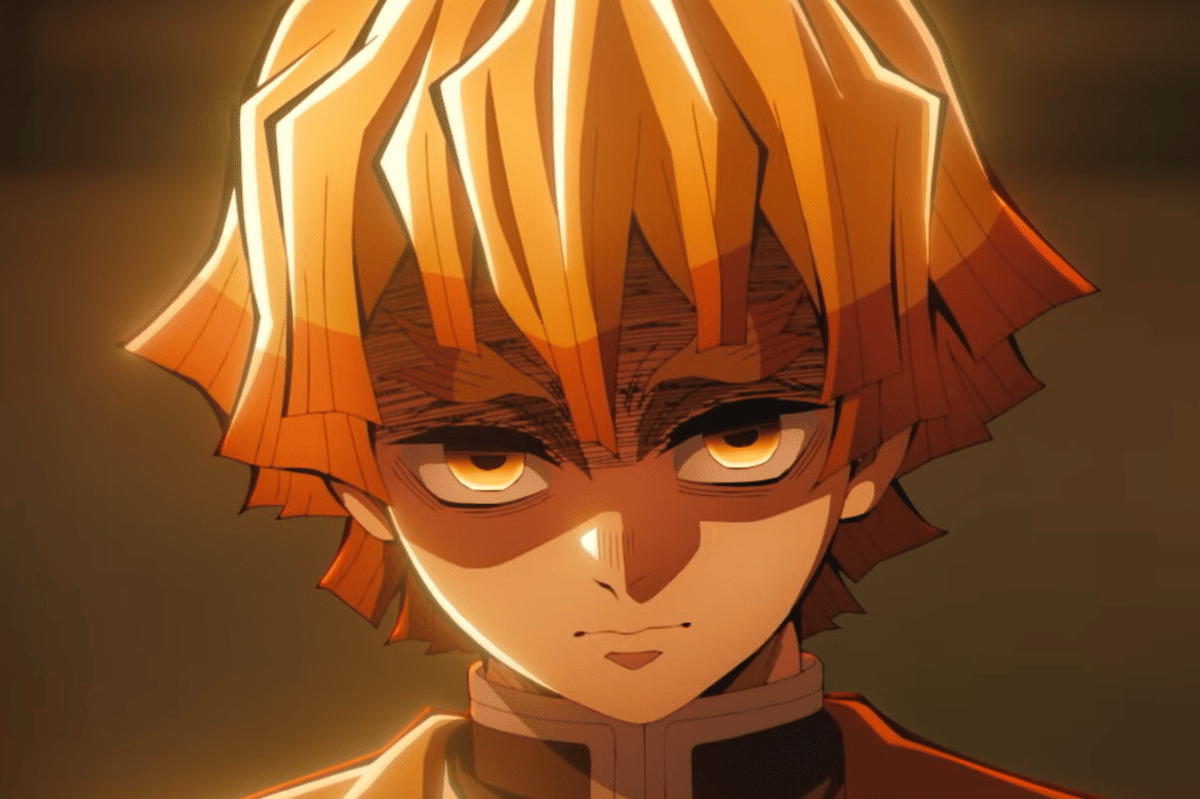 Ekspresi serius Zenitsu Agatsuma saat berhadapan dengan Kaigaku dalam trailer resmi (dok. Aniplex/ufotable)