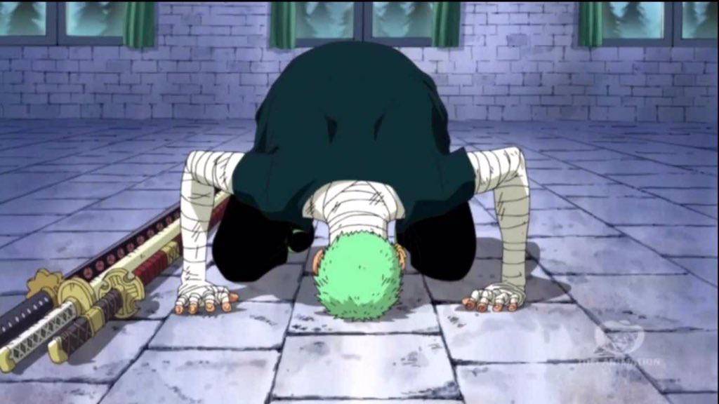 Zoro bersujud ke Mihawk (dok. Toei Animation/One Piece)