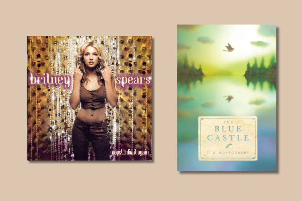 sampul album Oops I Did It Again milik Britney Spears dan novel The Blue Castle karya L. M. Montgomery