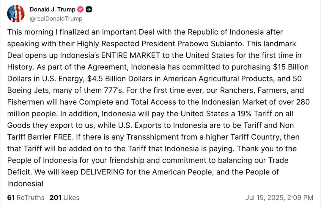 Truth social usai umumkan 19 persen tarif as untuk indonesia