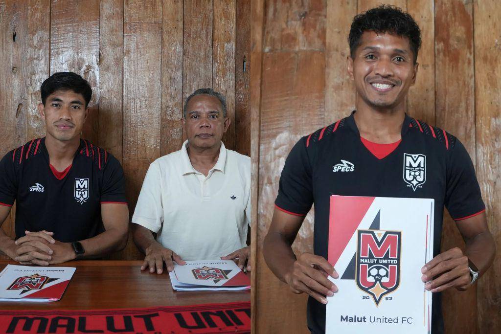 Riswan Lauhin dan Abduh Lestaluhu saat diperkenalkan sebagai rekrutan baru Malut United di bursa transfer awal musim 2025/2026. (Dok. Ofisial Malut United)