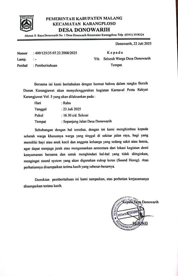 Surat himbauan sound horeg di karnaval di Desa Donowarih, Kecamatan Karangploso, Kabupaten Malang. (IDN Times/Istimewa)