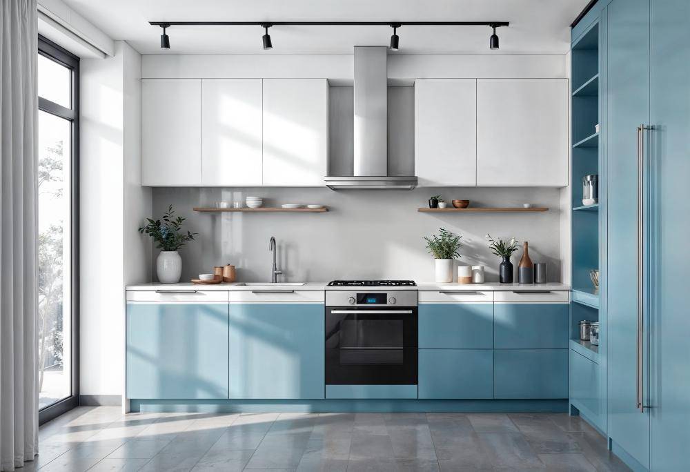ilustrasi dapur warna biru pastel
