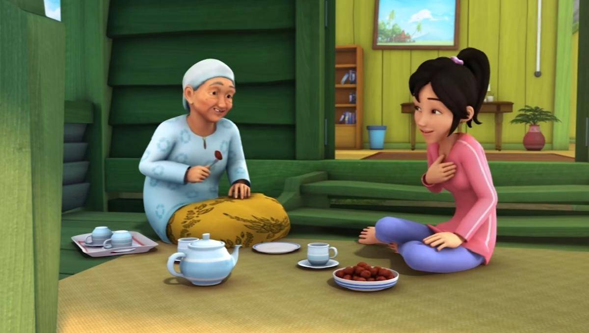 Kak Ros ngeteh bareng Opah di teras rumah (dok. Les' Copaque Production/Upin & Ipin)