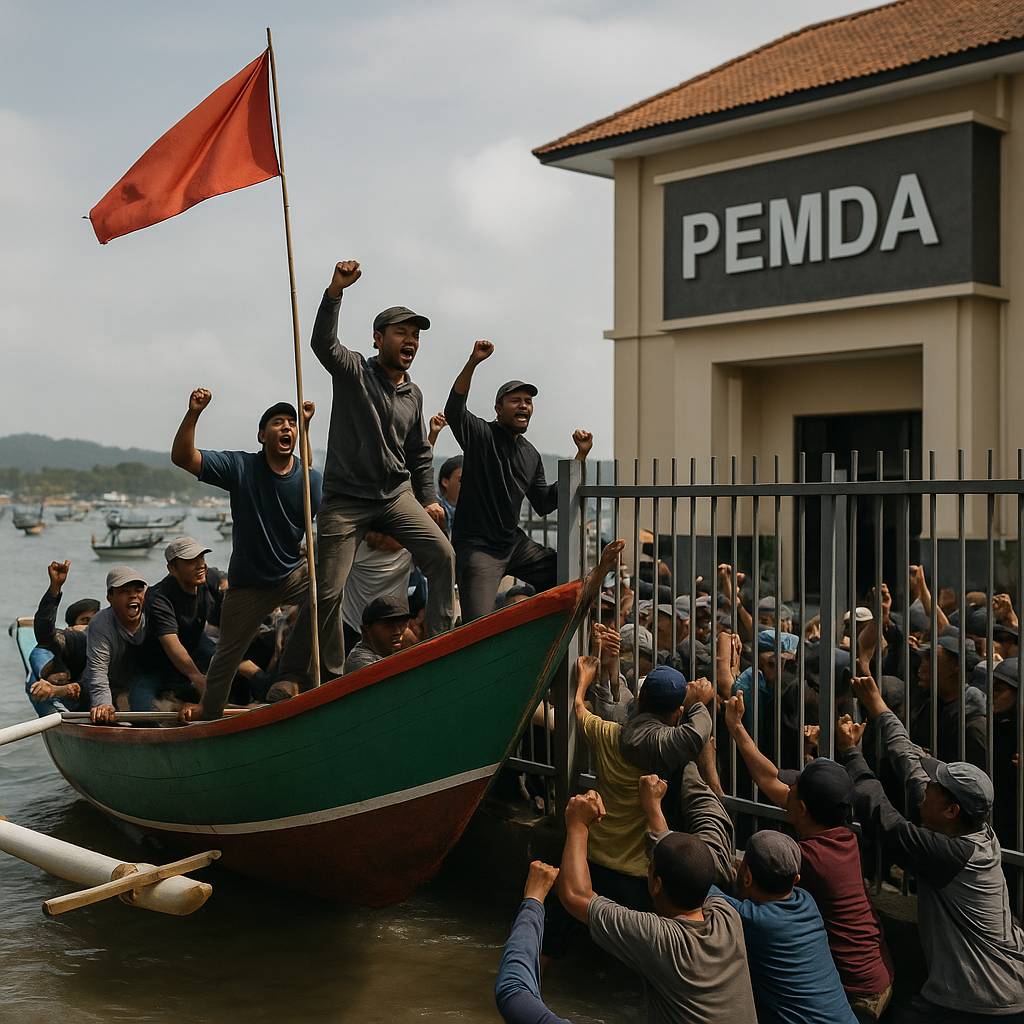 demo nelayan di Pangandaran, membawa perahu ke halaman kantor Pemda