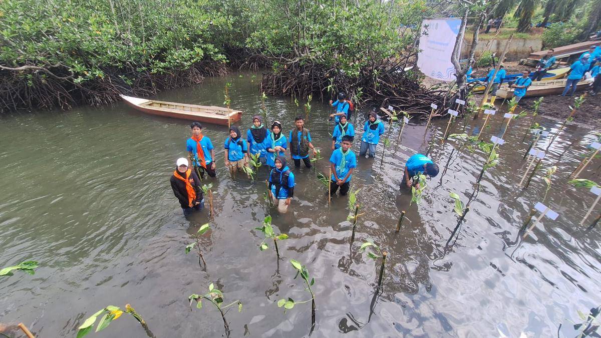 Kelompok Siswa Pencinta Alam (SISPALA) SMA/SMK Kabupaten Luwu Timur mengikuti penanaman mangrove di pesisir Pasi-Pasi, Malili, Sabtu (26/7/2025). IDN Times/Irwan Idris