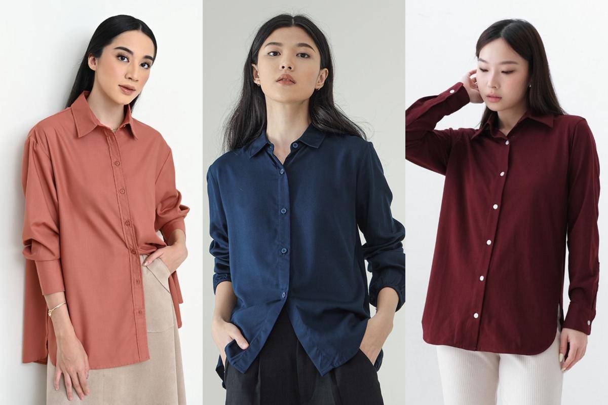Rekomendasi kemeja polos cewek merek lokal untuk kerja (shopee.co.id/Geulis.id Official Shop | shopee.co.id/inkano | shopee.co.id/ISLA Official Store)