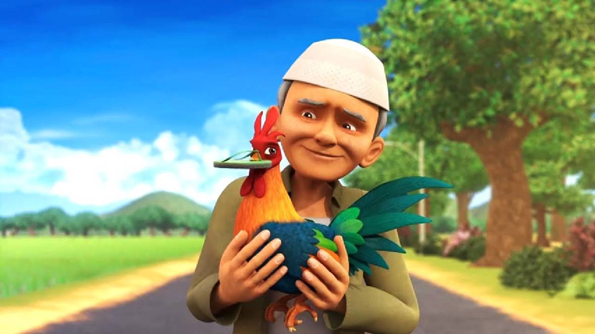 Tok Dalang dan ayam kesayangannya, Rembo (dok. Les' Copaque/Upin & Ipin)