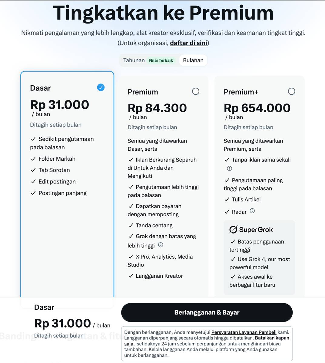 daftar harga berlangganan X Premium (x.com/i)