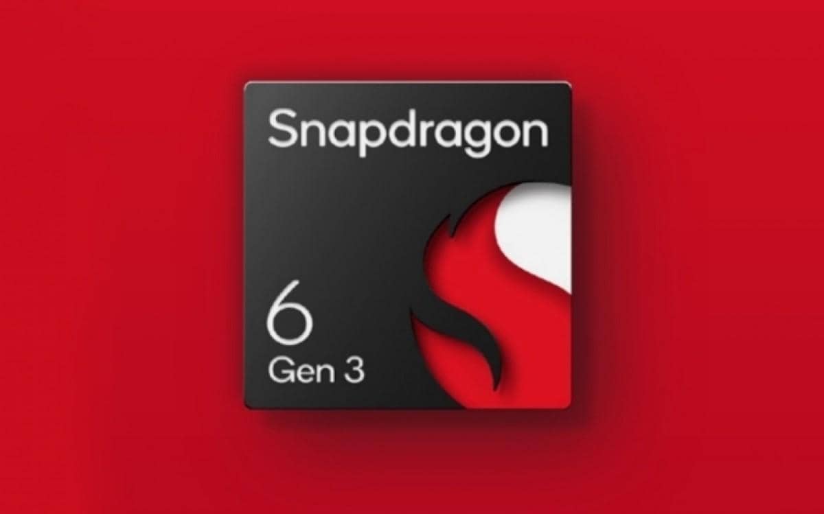 Logo prosesor Snapdragon 6 Gen 3 dengan latar belakang merah dan desain ikon api khas Snapdragon di sisi kanan.