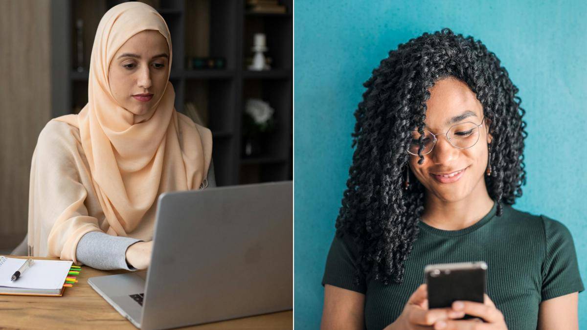 ilustrasi perbandingan menulis di laptop vs smartphone (pexels.com/Monsters Production | pexels.com/Andrea Piacquadio)