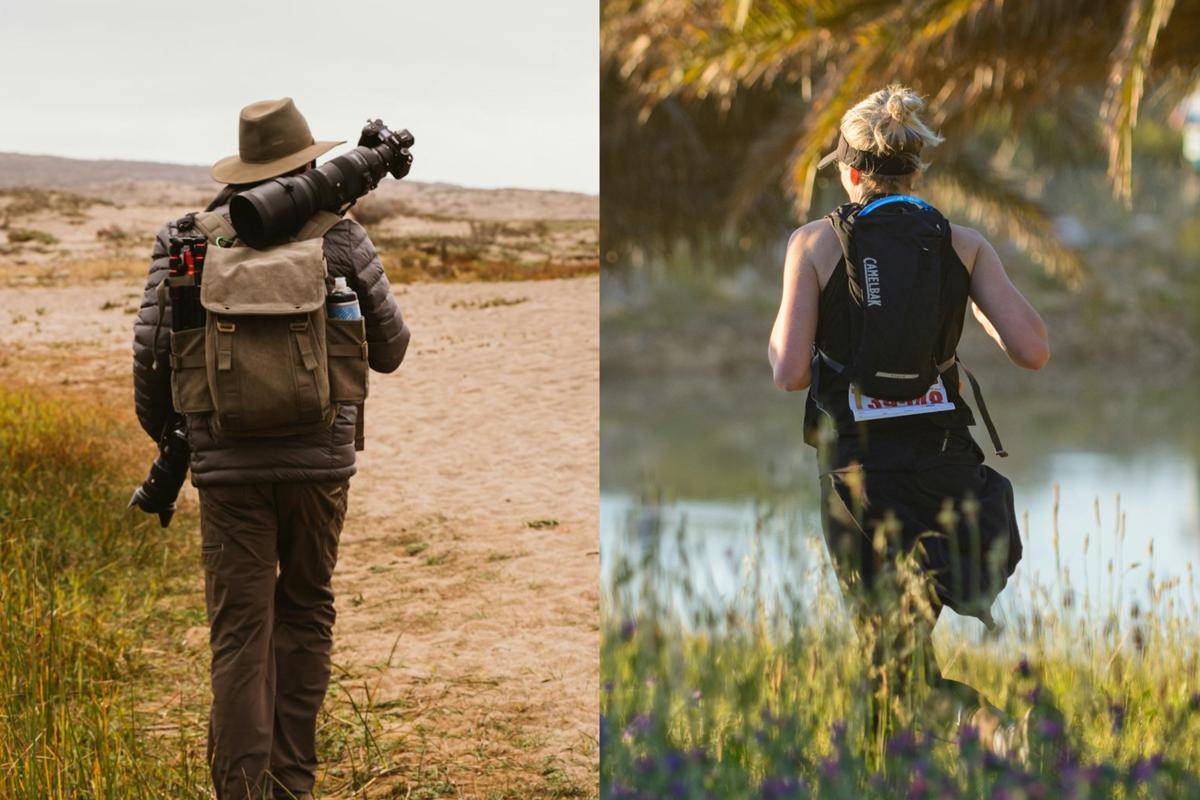 ilustrasi orang menggunakan daypack dan hydropack (pexels.com/ rickyrecap | unsplash.com/deoncollison)