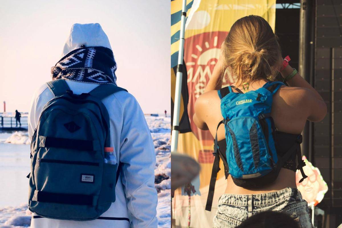 ilustrasi orang menggunakan daypack dan hydropack (pexels.com/ellis | unsplash.com/maxwbender)