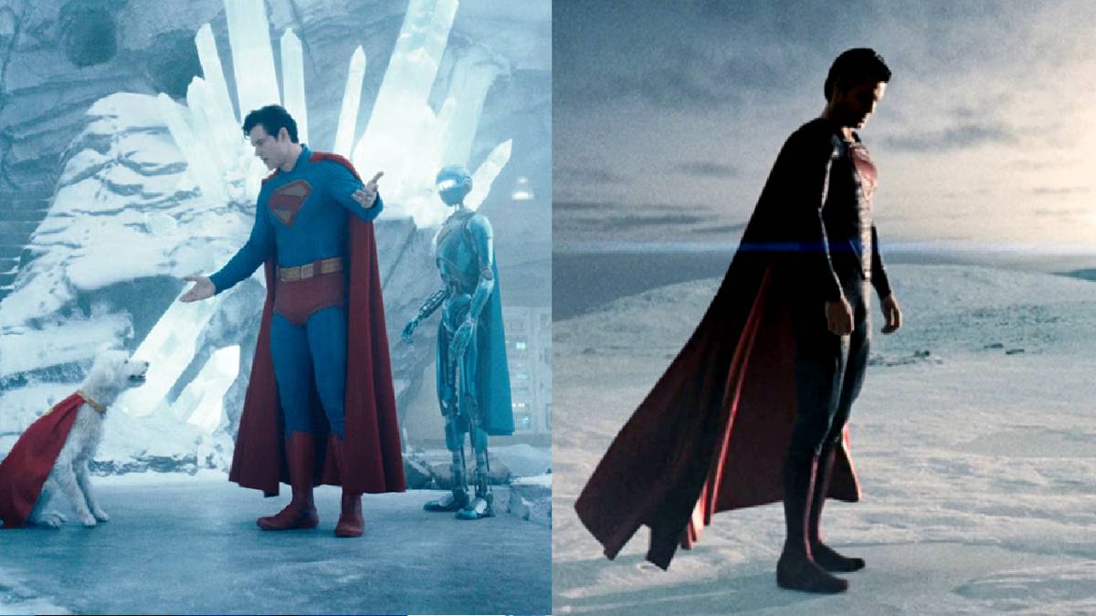 Superman DCU punya rekan seperjuangan (kiri), sementara Superman DCEU beraksi sendiri (kanan) (dok. DC Studios/Superman | Man of Steel)
