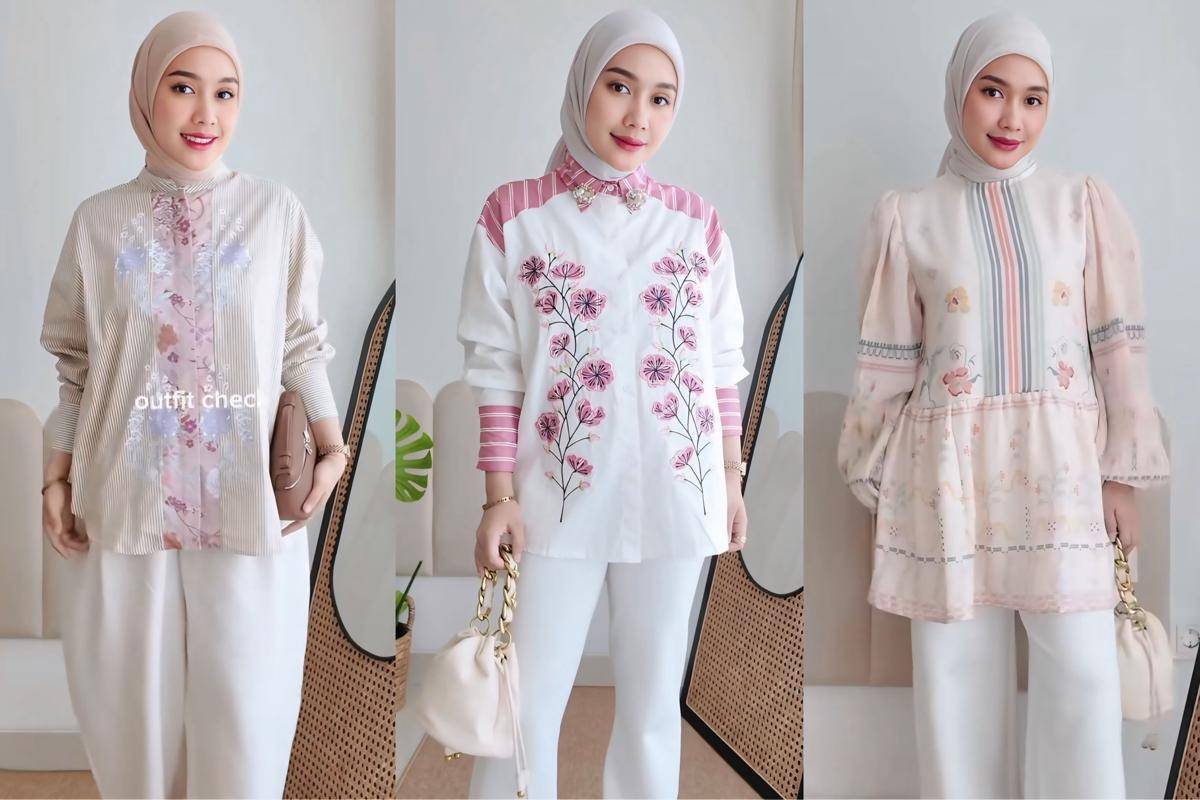 potret ide kemeja dan blouse floral ala Arrum Rahma 