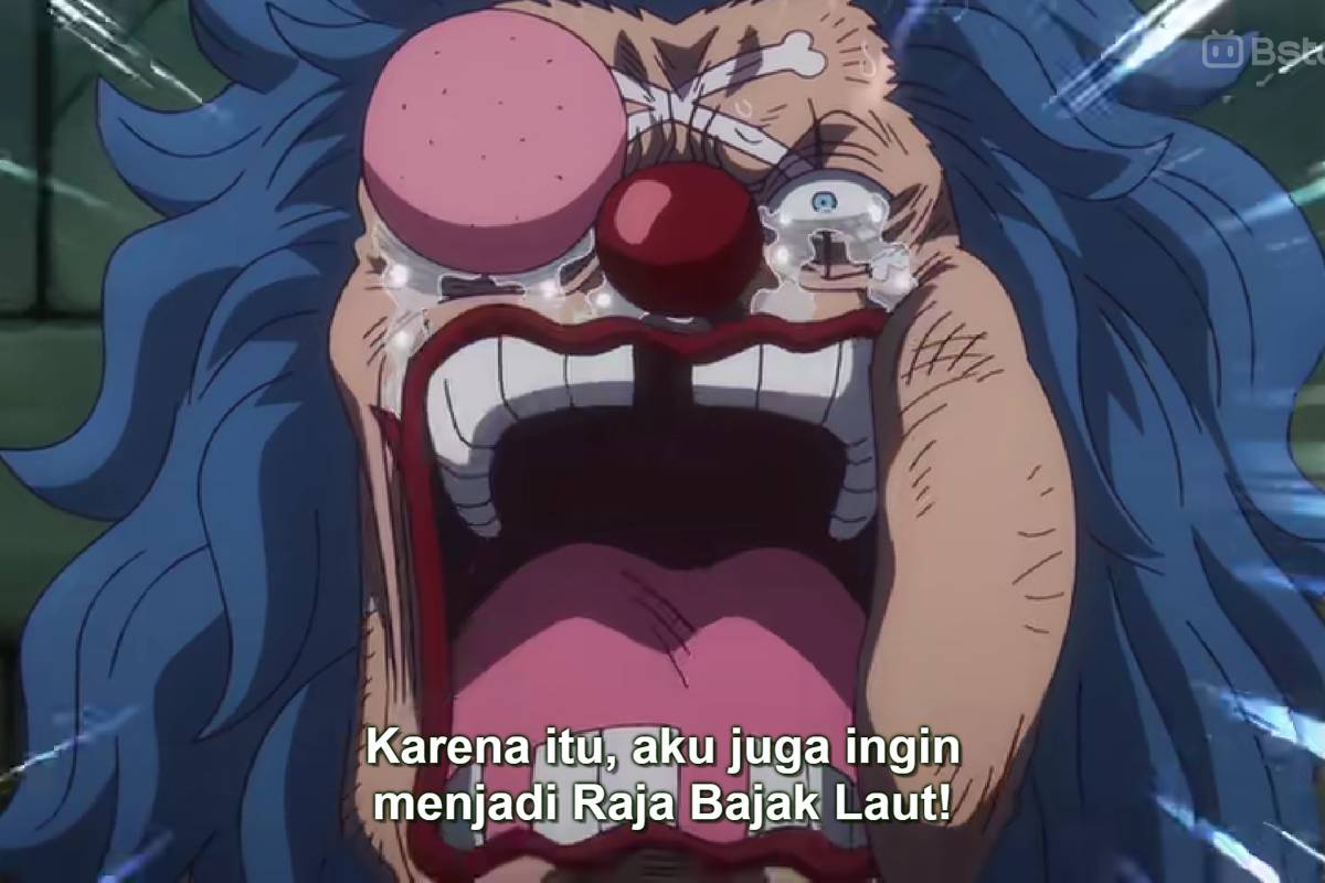 Buggy meminta Crocodile dan Mihawk untuk menjadikannya Raja Bajak Laut. (dok. Toei Animation/One Piece)