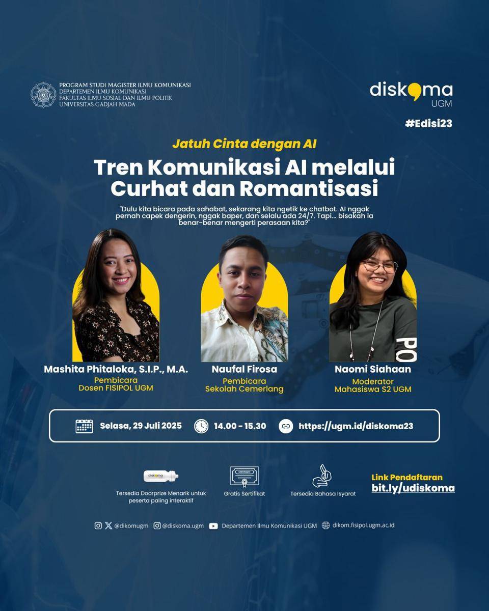 Diskusi Komunikasi Mahasiswa (Diskoma) edisi ke-23 melalui Zoom Meeting dan disiarkan di kanal Youtube Dikom UGM, Selasa (29/07/2025). (Dok. Istimewa)