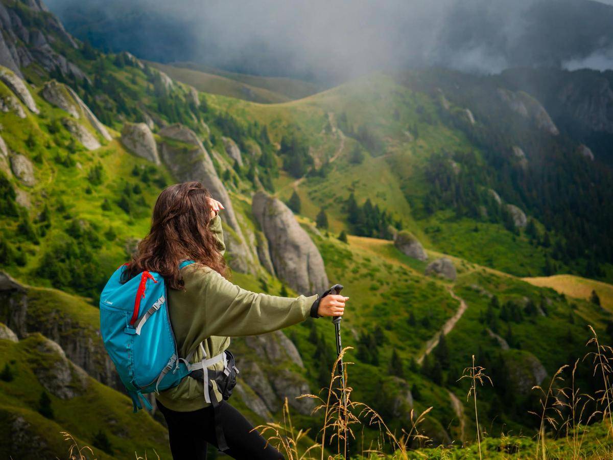 ilustrasi mendaki gunung dengan trekking pole